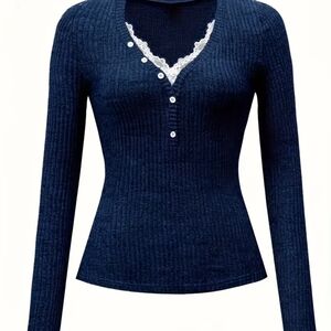 Navy Long Sleeve Ribbed Top with Lace Detail